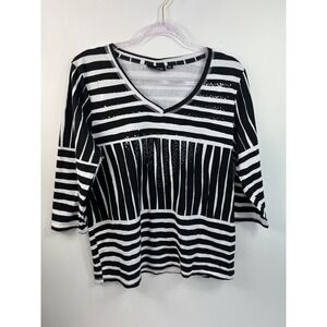 Onque Casual Women's Sz XL White/Black Stripe Print 3/4 Sleeve Sequin V-Neck
